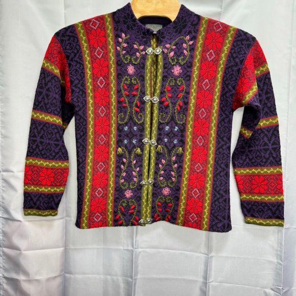 Classic Alpaca Knit Cardigan 100% Alpaca Size X-Large Bright Colored Hook Front - Picture 1 of 5